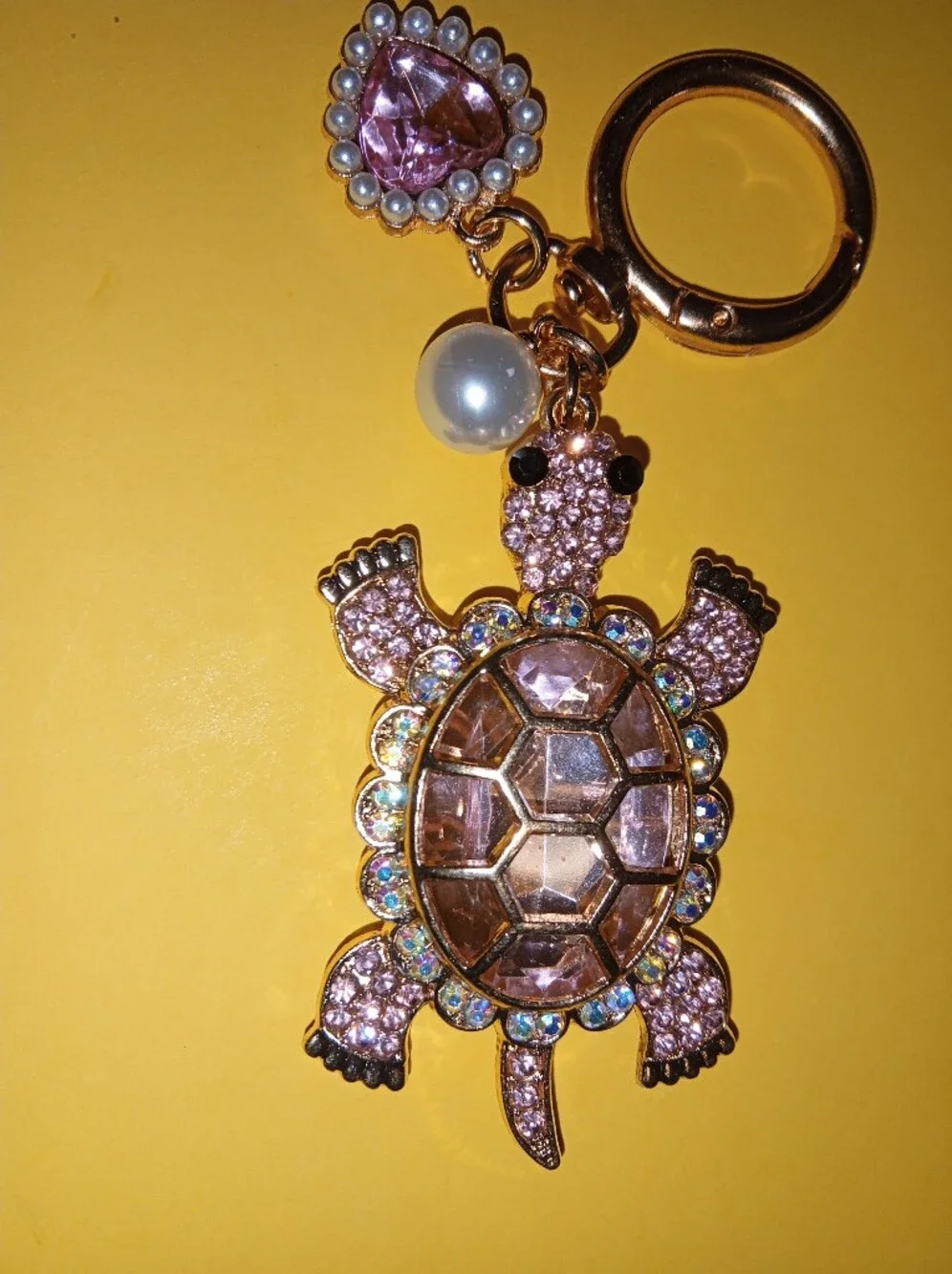 Pink Crystal Turtle Keychain with Heart And Pearl Charm